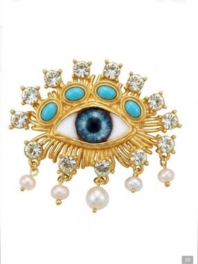 🆕️ Schiaparelli Type Gold and Blue Eye Brooch with Pearls NWOT